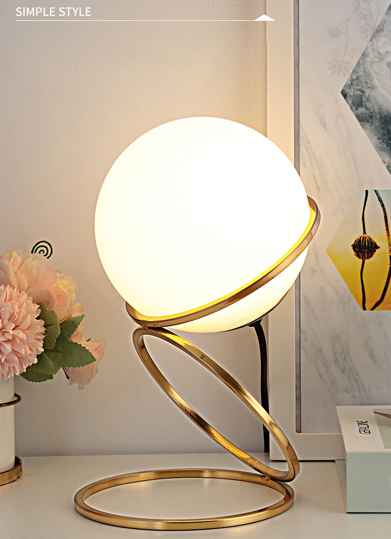 Golden Ring Night Lamp Minimalist 1-Light Metal Table Light with Ball Milk Glass Shade