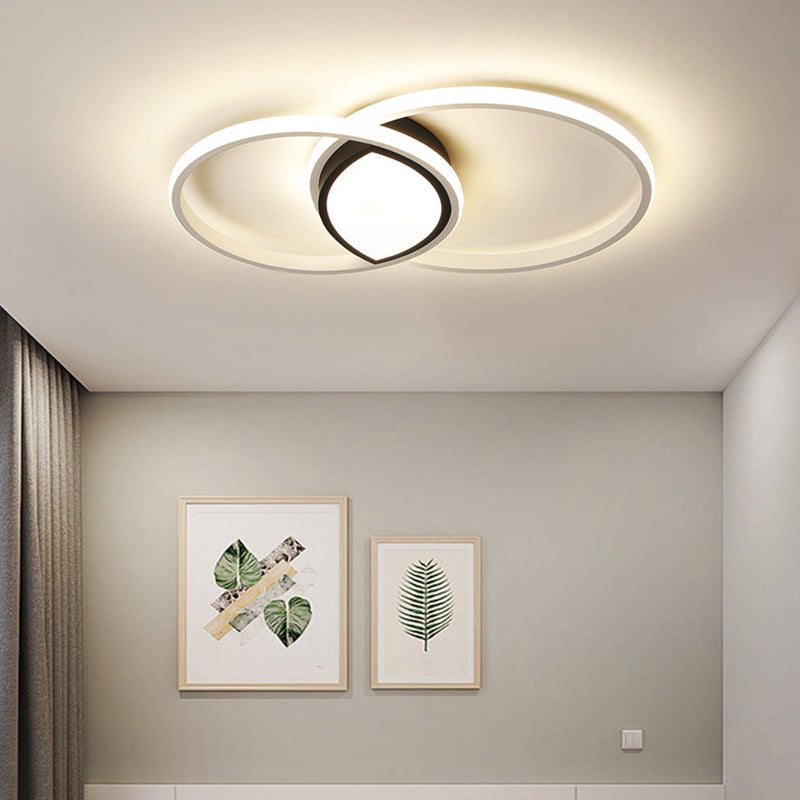 Lámpara empotrada LED en blanco y negro modernista con montaje en techo de metal con anillos dobles, luz blanca/cálida/control remoto, atenuación continua, 16"/19,5" de ancho