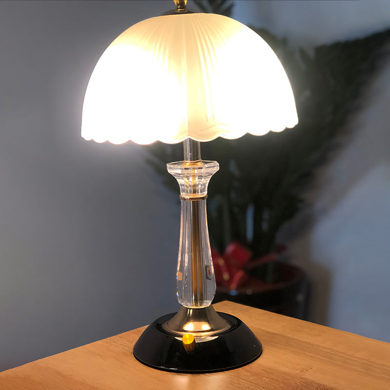 Black-Gold Domed Night Light Minimalist 2 Bulbs Frosted Glass Table Lamp with Crystal-Like Column