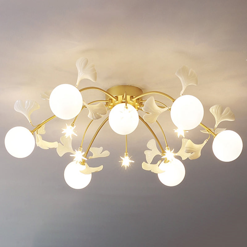 Glass Round Ceiling Mount Chandelier Simplicity Style White Semi Flush Ceiling Light Fixture