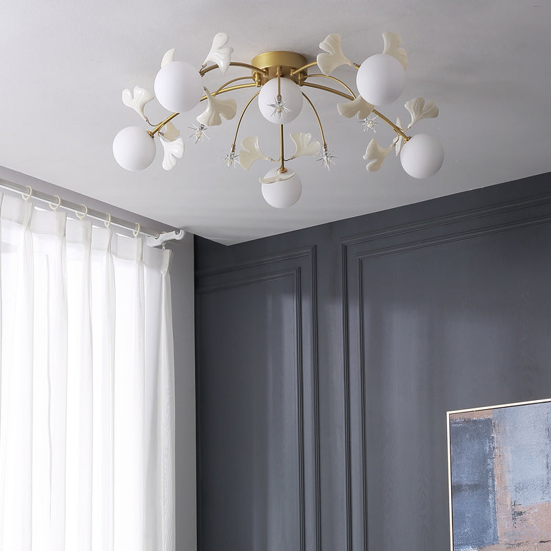 Glass Round Ceiling Mount Chandelier Simplicity Style White Semi Flush Ceiling Light Fixture