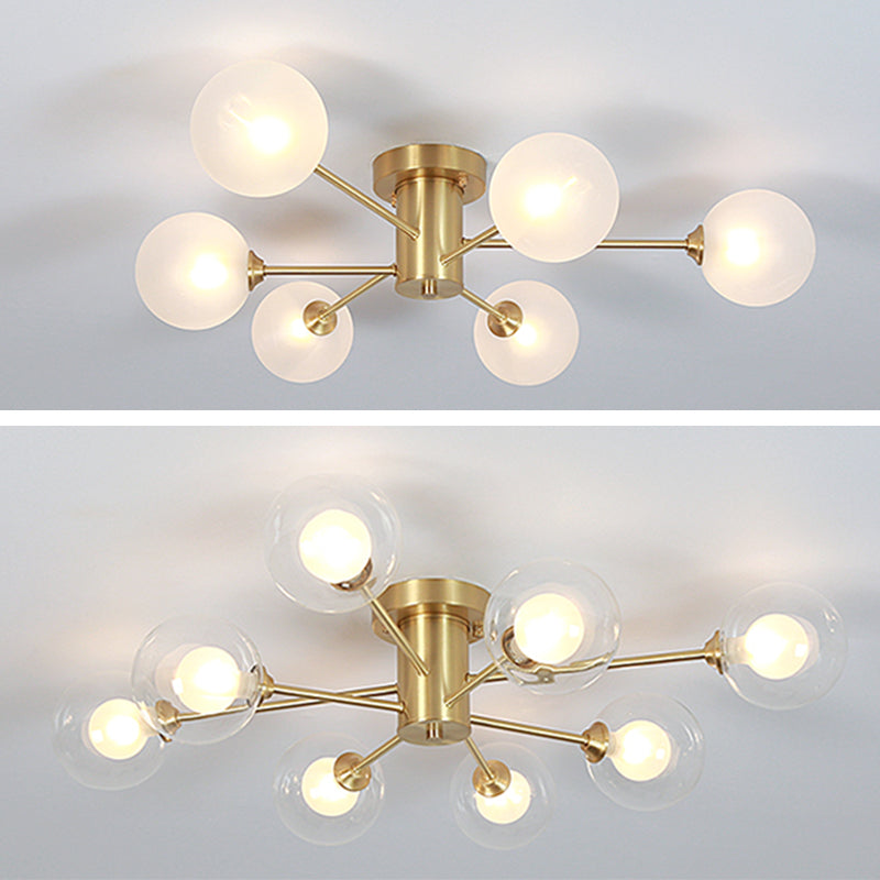 Glass Bubble Semi-Flush Ceiling Light Contemporary Ceiling Mount Chandelier in Gold