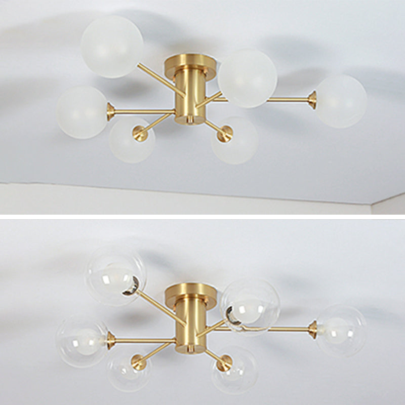 Glass Bubble Semi-Flush Ceiling Light Contemporary Ceiling Mount Chandelier in Gold