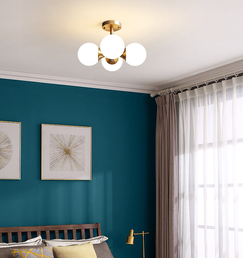 Lampada semifulina camera da letto a filo con soffitto bianco in stile minimalista con tonalità di vetro rotondo