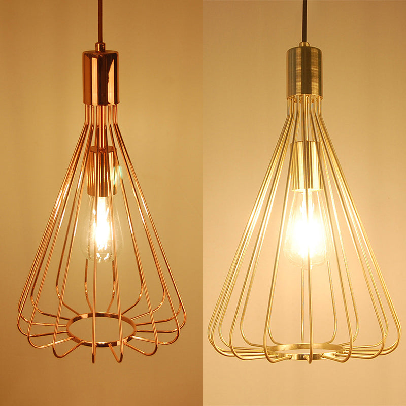 1 Bulb Conical Hanging Light with Cage Shade Vintage Loft Polished Brass/Copper Metallic Pendant Lamp for Kitchen