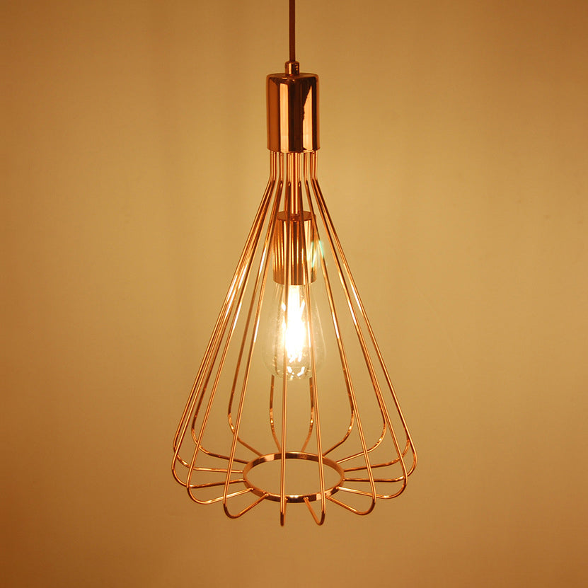 1 Bulb Conical Hanging Light with Cage Shade Vintage Loft Polished Brass/Copper Metallic Pendant Lamp for Kitchen