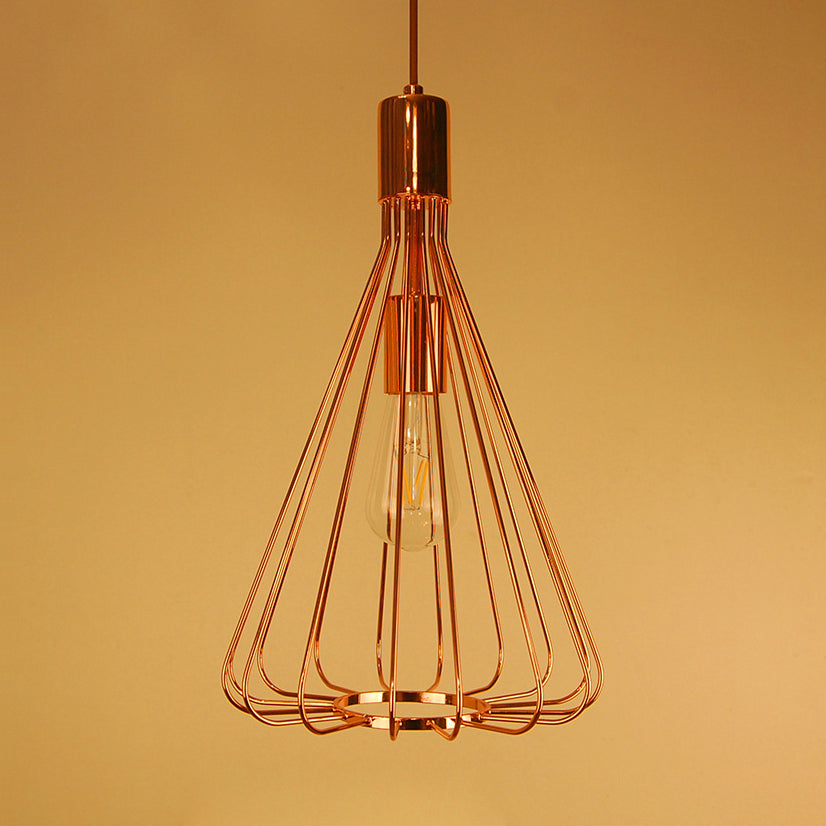 1 Bulb Conical Hanging Light with Cage Shade Vintage Loft Polished Brass/Copper Metallic Pendant Lamp for Kitchen