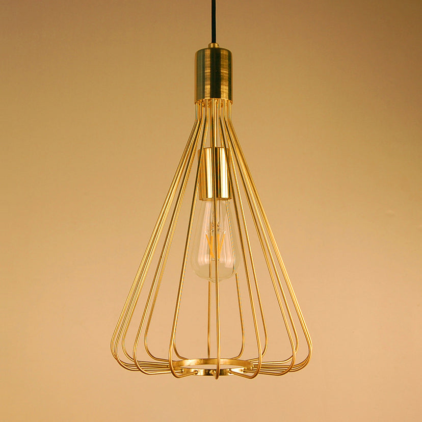 1 Bulb Conical Hanging Light with Cage Shade Vintage Loft Polished Brass/Copper Metallic Pendant Lamp for Kitchen