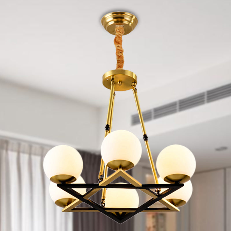 Polygon Metal Chandelier Light Fixture Postmodern 6/8 Heads Brass Hanging Ceiling Light with Globe White Glass Shade