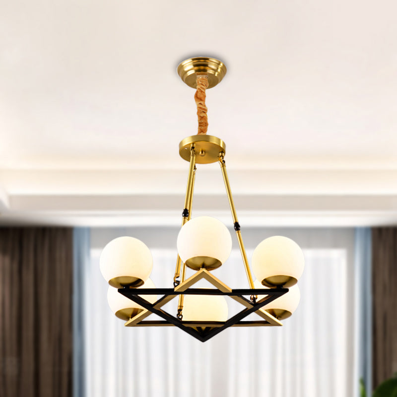 Polygon Metal Chandelier Light Fixture Postmodern 6/8 Heads Brass Hanging Ceiling Light with Globe White Glass Shade