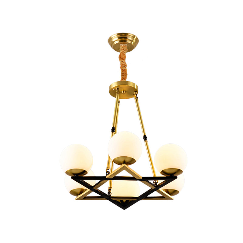 Polygon Metal Chandelier Light Fixture Postmodern 6/8 Heads Brass Hanging Ceiling Light with Globe White Glass Shade