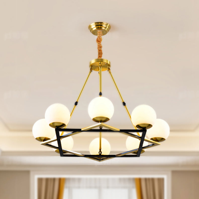 Polygon Metal Chandelier Light Fixture Postmodern 6/8 Heads Brass Hanging Ceiling Light with Globe White Glass Shade