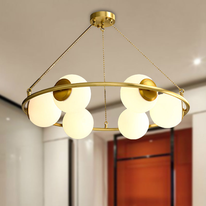 Circular Chandelier Light Postmodern Metal 6/8 Lights Brass Hanging Lamp Kit with Globe Frosted Glass Shade