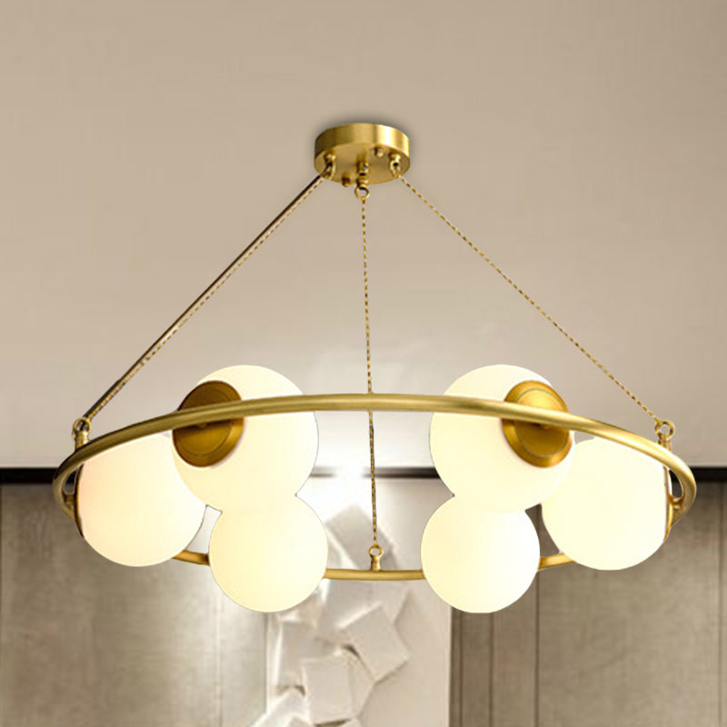 Circular Chandelier Light Postmodern Metal 6/8 Lights Brass Hanging Lamp Kit with Globe Frosted Glass Shade