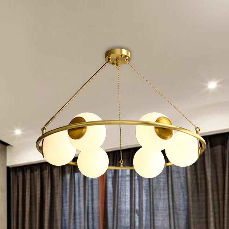 Circular Chandelier Light Postmodern Metal 6/8 Lights Brass Hanging Lamp Kit with Globe Frosted Glass Shade