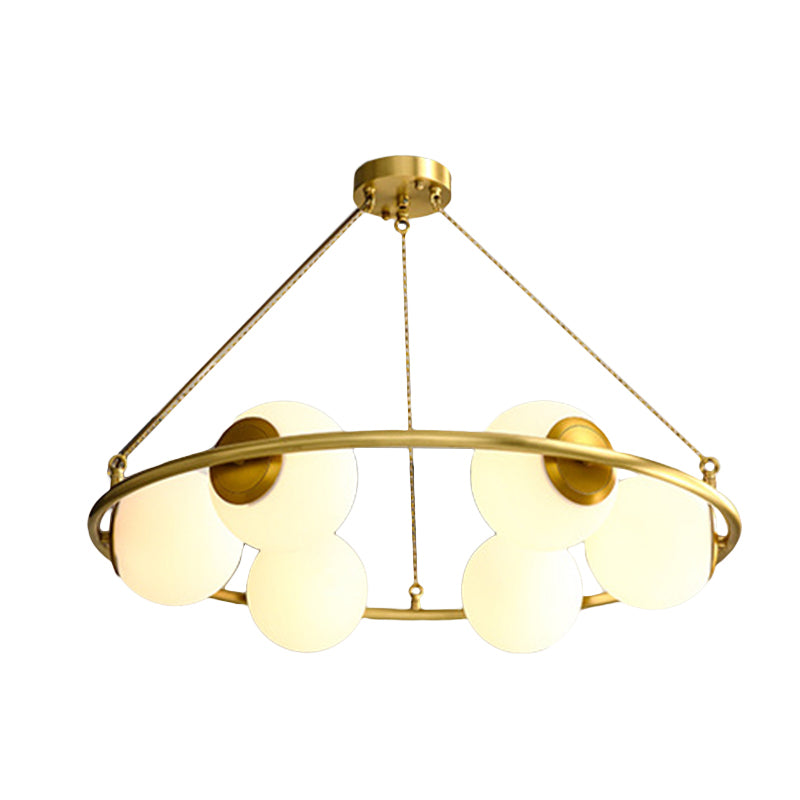 Circular Chandelier Light Postmodern Metal 6/8 Lights Brass Hanging Lamp Kit with Globe Frosted Glass Shade