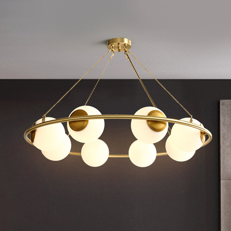 Circular Chandelier Light Postmodern Metal 6/8 Lights Brass Hanging Lamp Kit with Globe Frosted Glass Shade