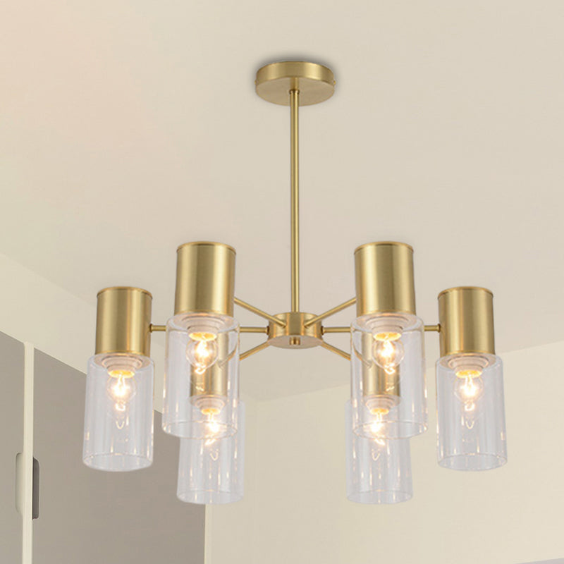 Cylinder Hanging Lamp Kit Postmodern Clear Glass 6/8/10 Heads Brass Chandelier Light Fixture