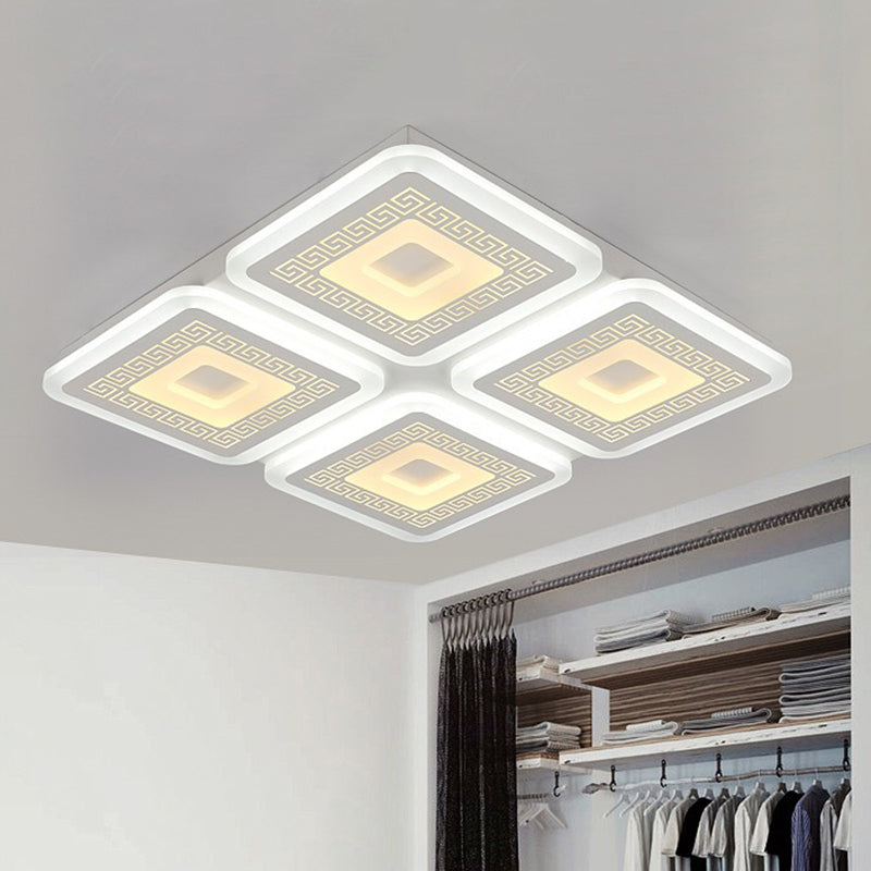 Lampada da soffitto moderna in acrilico quadrata da incasso a 4 teste da 19,5 "/23,5" di larghezza bianca