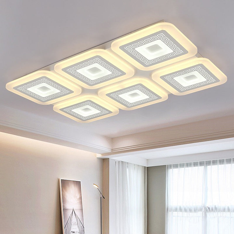 White Rectangular Flush Mount Contemporary 6 Bulbs Acrylic Ceiling Light Fixture for Living Room