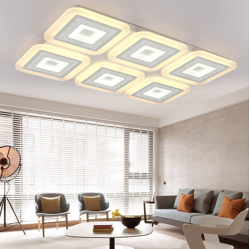 White Rectangular Flush Mount Contemporary 6 Bulbs Acrylic Ceiling Light Fixture for Living Room