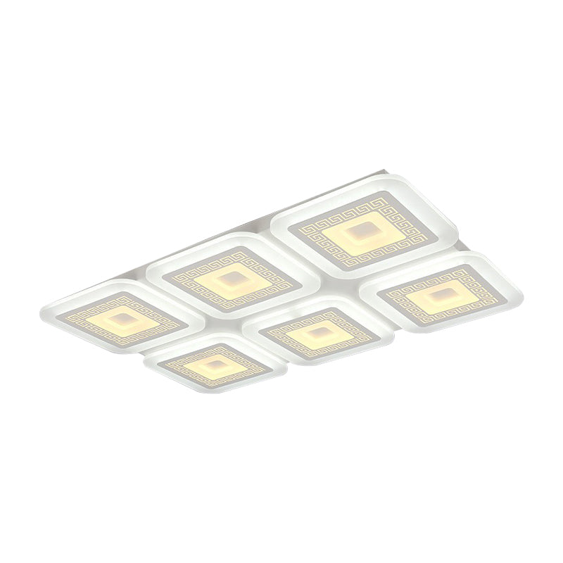 Luminaire de plafond en acrylique contemporain à 6 ampoules encastré rectangulaire blanc pour salon