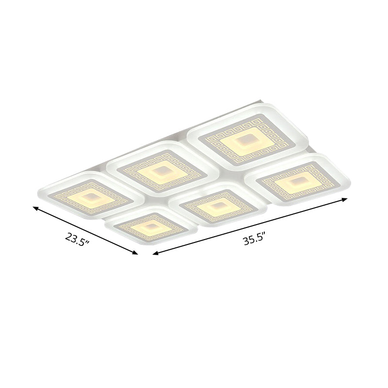 Luminaire de plafond en acrylique contemporain à 6 ampoules encastré rectangulaire blanc pour salon