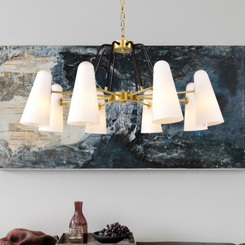 Postmodern Cone Opal Glass Hanging Lamp 6 Lights Ceiling Chandelier in Gold