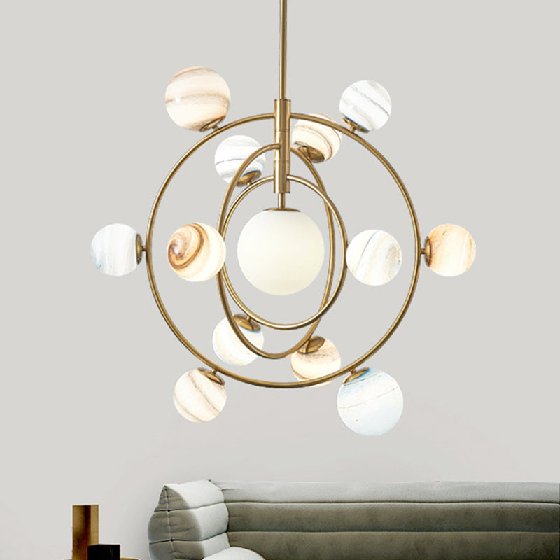 Gold Orbit Chandelier Light Fixture Modernism 13 Lights Metal Hanging Lamp Kit with Ball Glass Shade