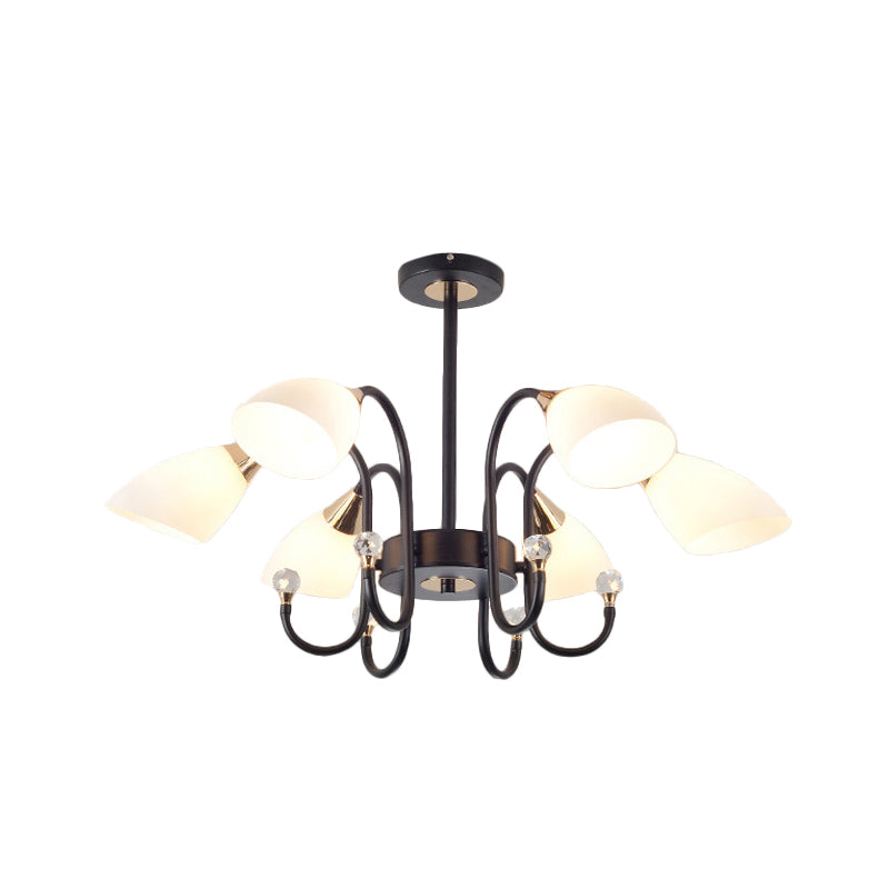 Black Curve Arm Hanging Ceiling Light Rustic 6/8/10 Heads Black Iron Chandelier Light with Cone Frosted Glass Shade