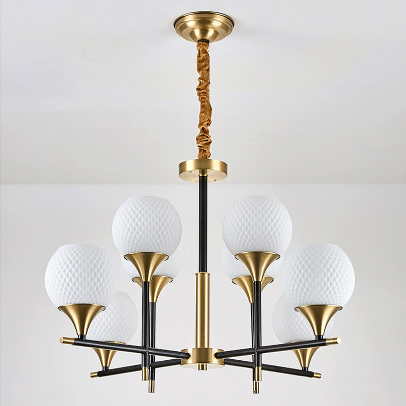 Contemporary Global Chandelier Lighting White Glass 8 Bulbs Bedroom Brass Hanging Lamp with Vertical Design