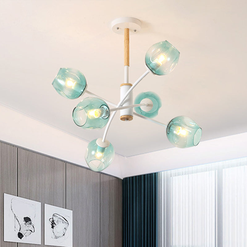 Dome Living Room Chandelier Lighting Blue/Tan Glass 6/8 Lights Contemporary Stylish Hanging Pendant Light