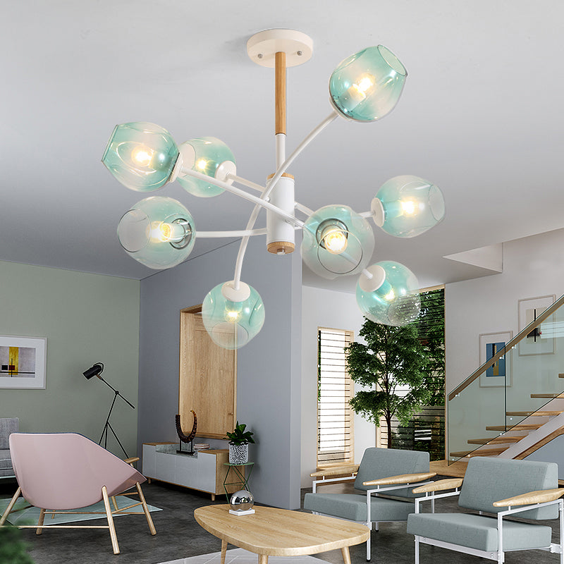 Dome Living Room Chandelier Lighting Blue/Tan Glass 6/8 Lights Contemporary Stylish Hanging Pendant Light