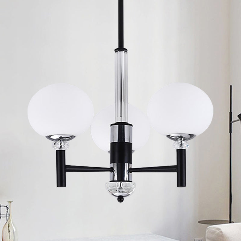 Globe-Shaped Chandelier Pendant Light Modern Style Ivory Glass 3/6/8 Lights Living Room Hanging Lamp in Black