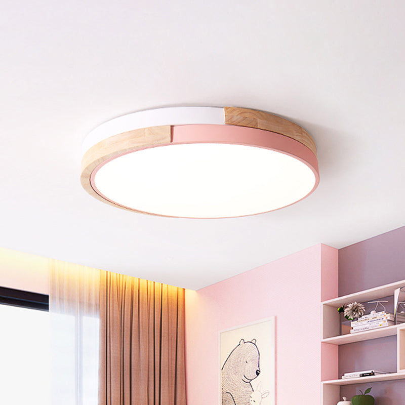 Metal Circle Flush Light Contemporary LED Pink/Yellow/Blue Ceiling Mounted Fixture with Acrylic Diffuser in Warm/White Light