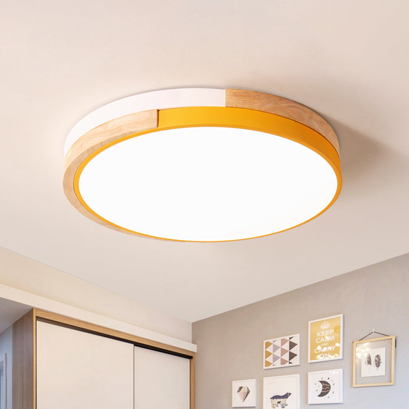 Metal Circle Flush Light Contemporary LED Pink/Yellow/Blue Ceiling Mounted Fixture with Acrylic Diffuser in Warm/White Light