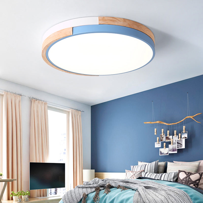 Metal Circle Flush Light Contemporary LED Pink/Yellow/Blue Ceiling Mounted Fixture with Acrylic Diffuser in Warm/White Light