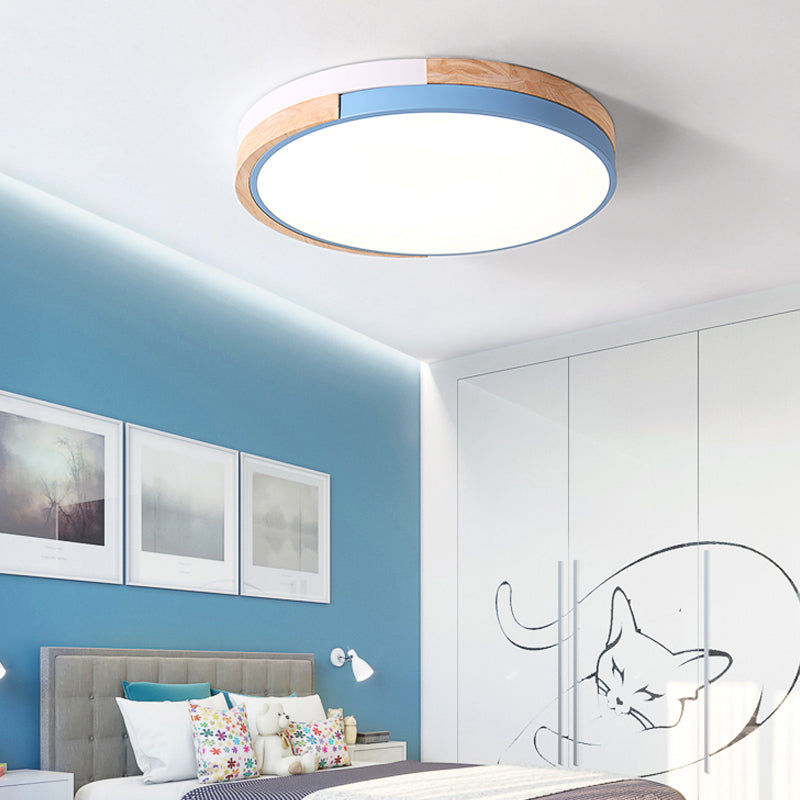 Metal Circle Flush Light Contemporary LED Pink/Yellow/Blue Ceiling Mounted Fixture with Acrylic Diffuser in Warm/White Light