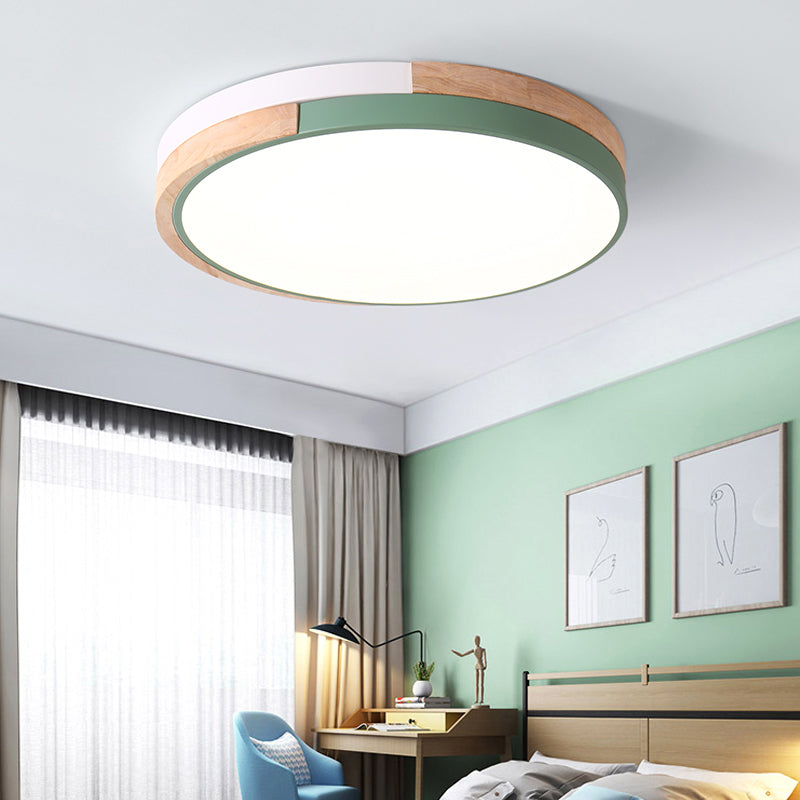 Metal Circle Flush Light Contemporary LED Pink/Yellow/Blue Ceiling Mounted Fixture with Acrylic Diffuser in Warm/White Light