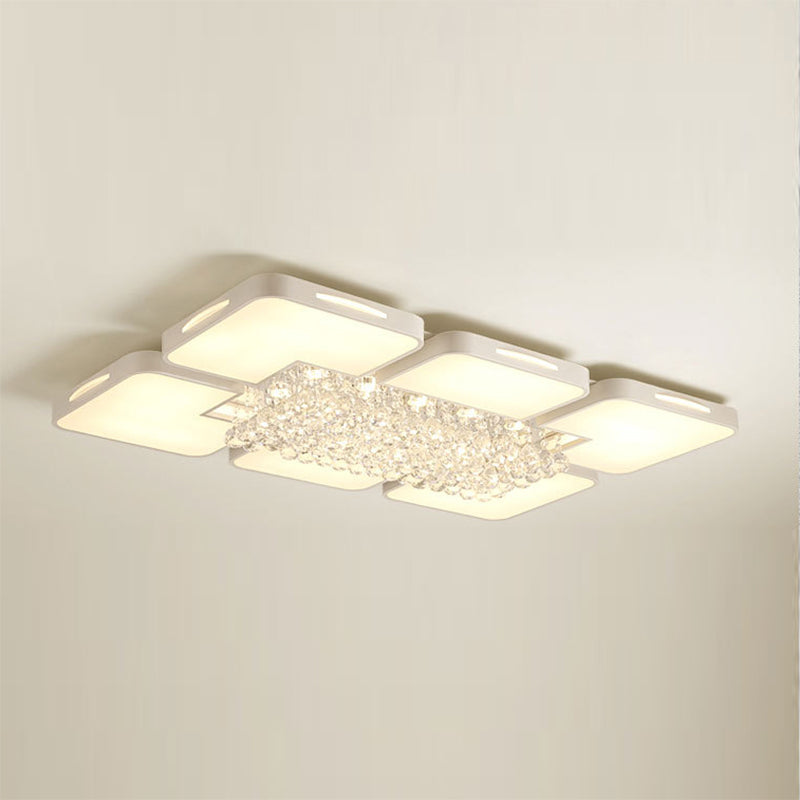 White Rectangular LED Flush Light Modern Acrylic Living Room Ceiling Fixture with Crystal Balls