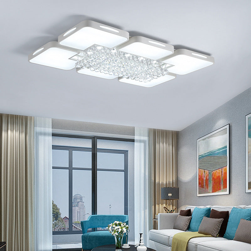 White Rectangular LED Flush Light Modern Acrylic Living Room Ceiling Fixture with Crystal Balls