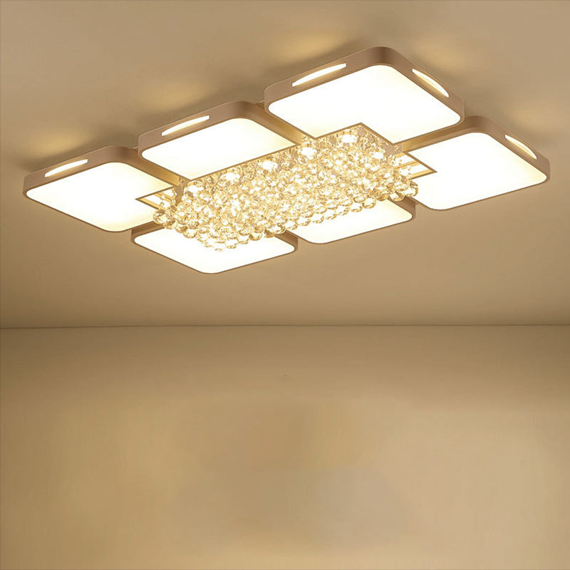 White Rectangular LED Flush Light Modern Acrylic Living Room Ceiling Fixture with Crystal Balls