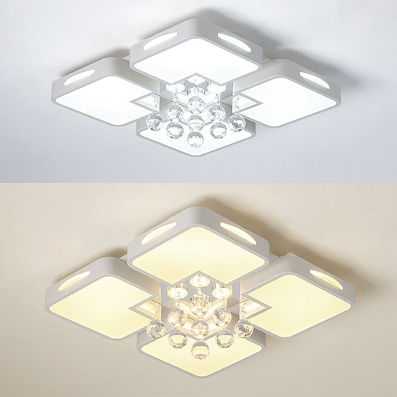 White Rectangular LED Flush Light Modern Acrylic Living Room Ceiling Fixture with Crystal Balls