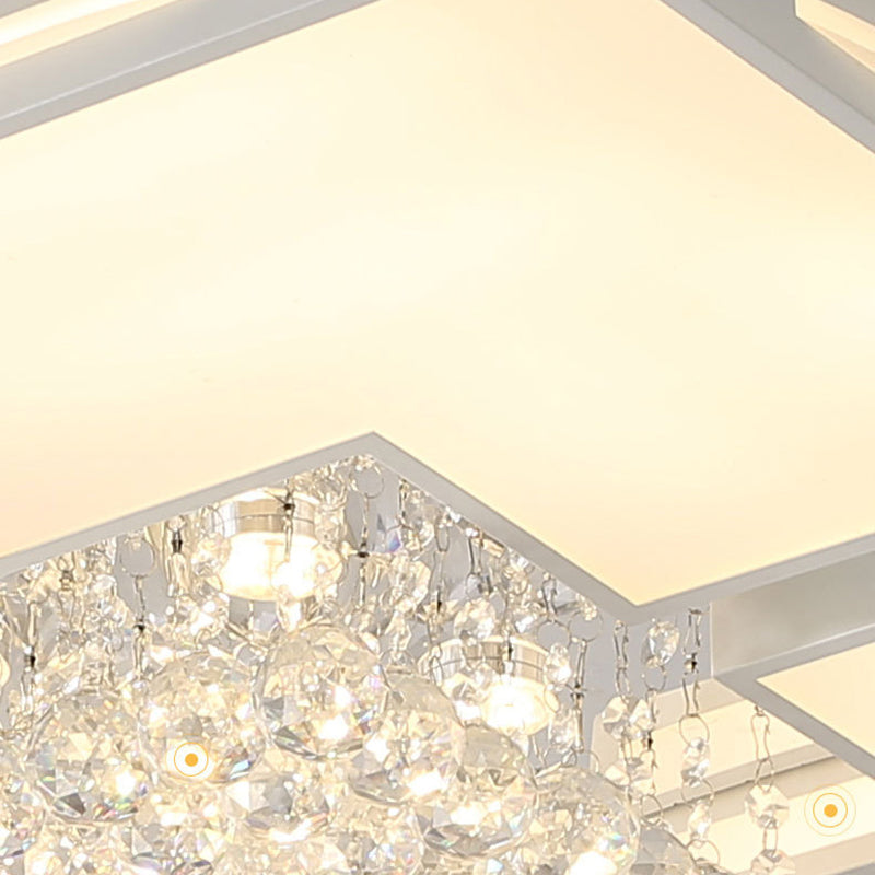 White Rectangular LED Flush Light Modern Acrylic Living Room Ceiling Fixture with Crystal Balls