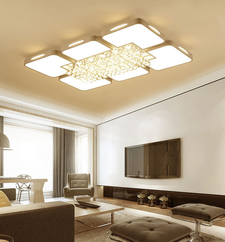 White Rectangular LED Flush Light Modern Acrylic Living Room Ceiling Fixture with Crystal Balls