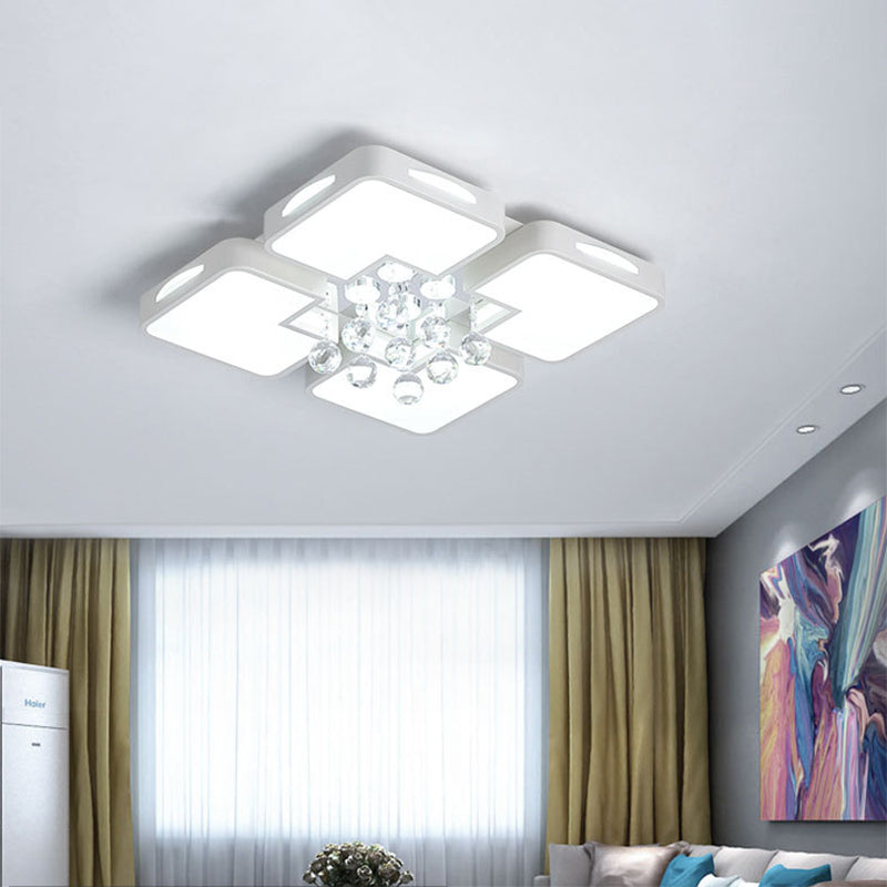 Plafoniera da soffitto moderna in acrilico a luce LED rettangolare bianca con sfere di cristallo