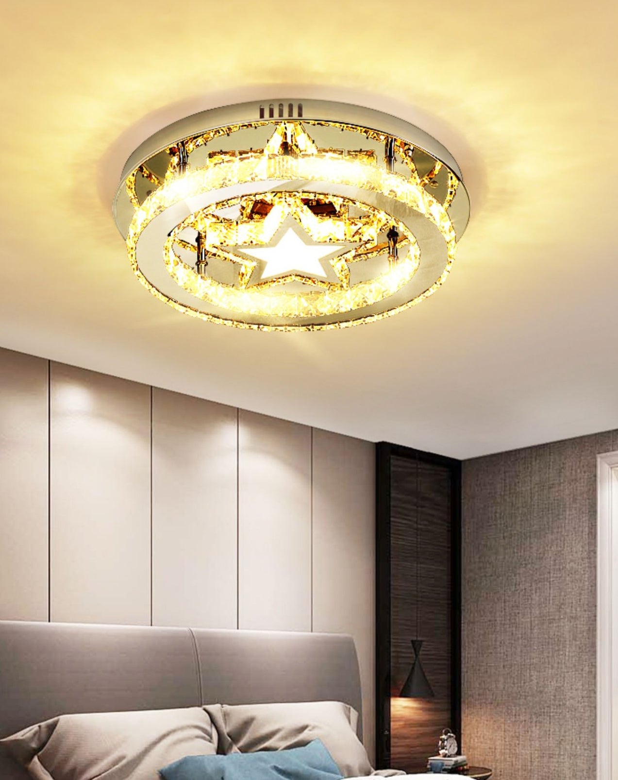 Crystal Ring and Star Flush Mount Modernism Stainless Steel LED Ceiling Light for Bedroom