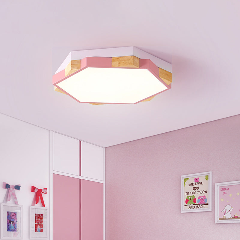 Modern LED Flushmount Pink/Yellow/Blue Hexagon Close to Ceiling Lamp with Metal Shade in Warm/White Light