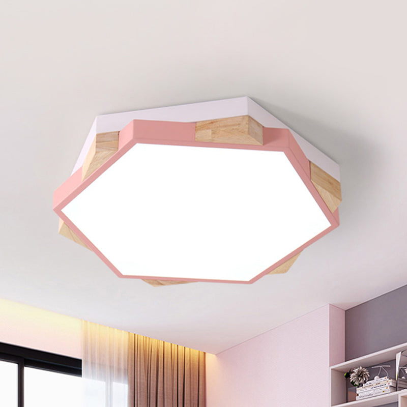 Modern LED Flushmount Pink/Yellow/Blue Hexagon Close to Ceiling Lamp with Metal Shade in Warm/White Light