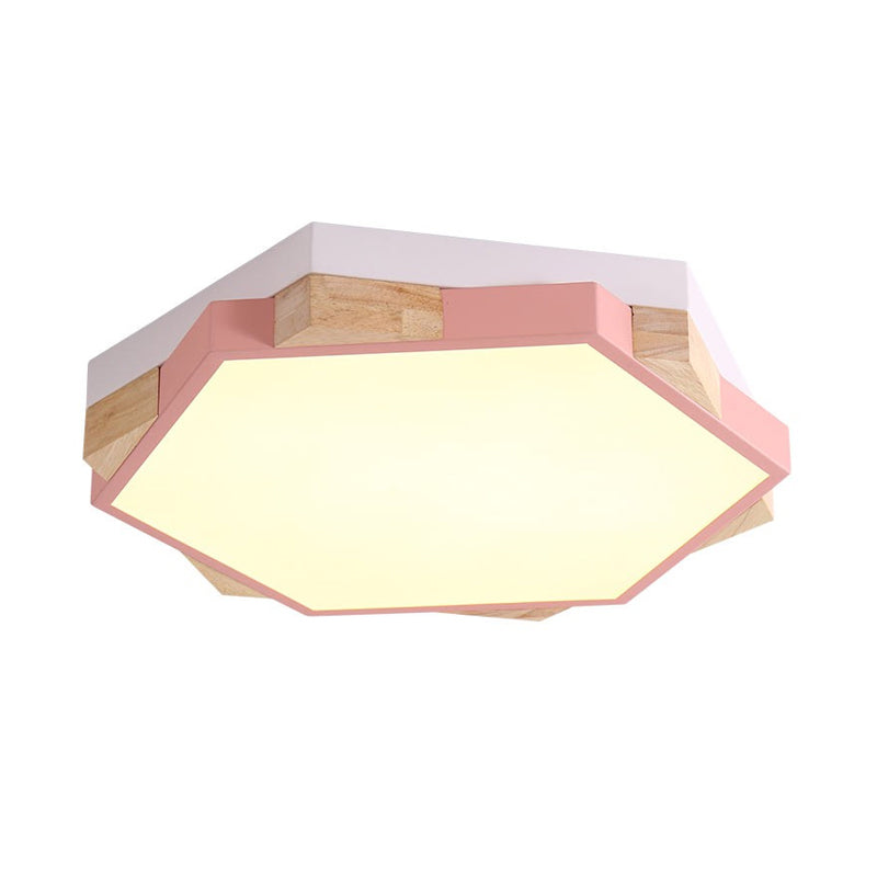 Modern LED Flushmount Pink/Yellow/Blue Hexagon Close to Ceiling Lamp with Metal Shade in Warm/White Light